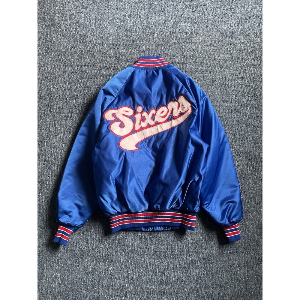 Vtg DeLong Philadelphia 76ers Jacket M Blue Satin Bomber NBA Basketball *Read*